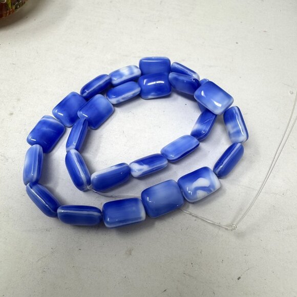 Vintage Glass Beads West German Rectangular Blue w/ White Swirls 27 Beads - Picture 1 of 6